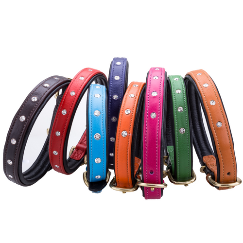 Pear Tannery Soft Padded Flat Leather Dog Collar Swarovki